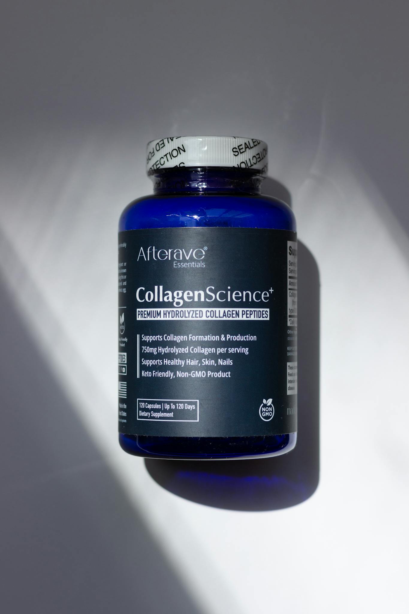 Blue bottle of Afterave Essentials CollagenScience+ supplement with label.